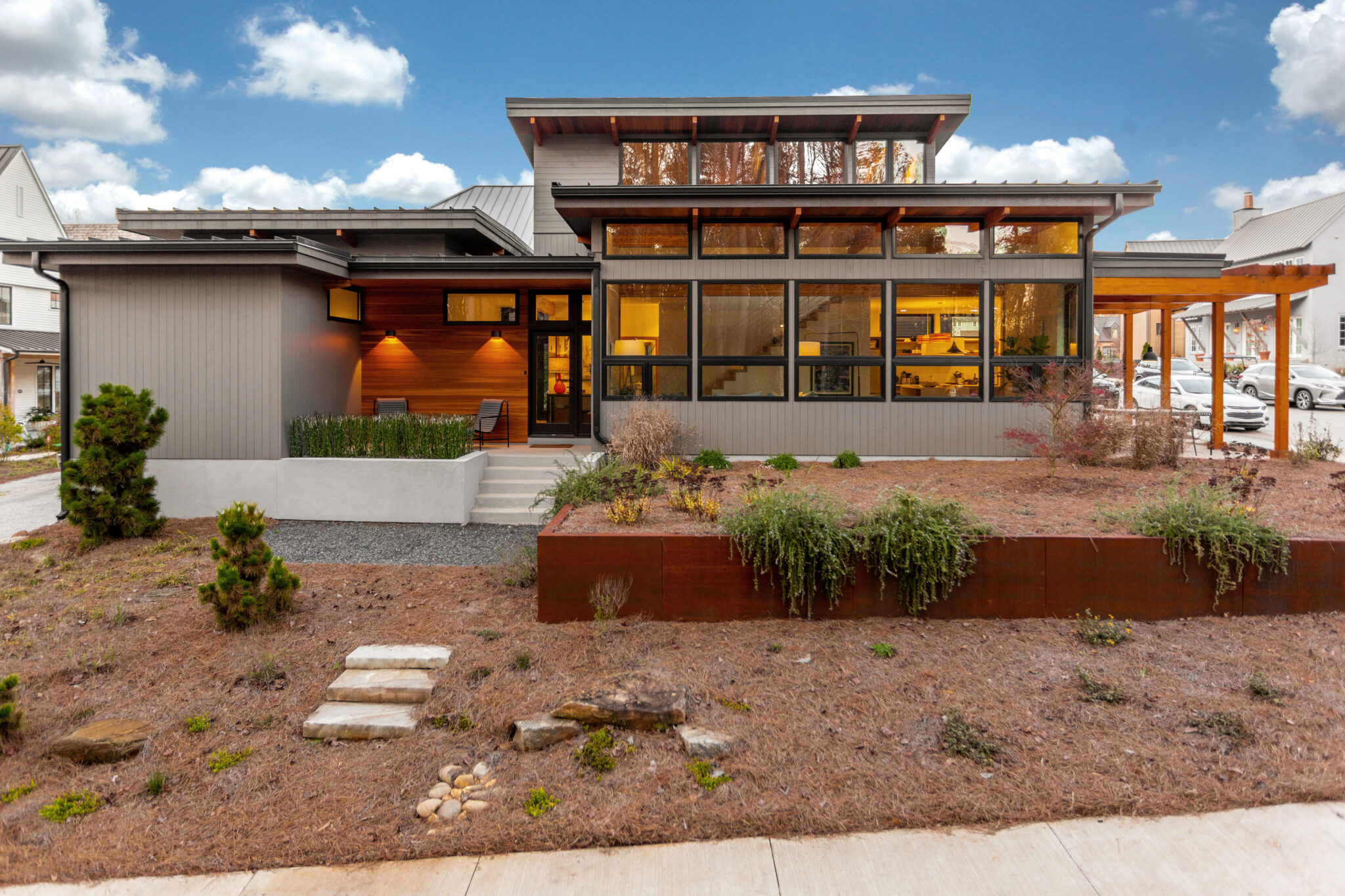 Frontal view of a modern style 2 story home